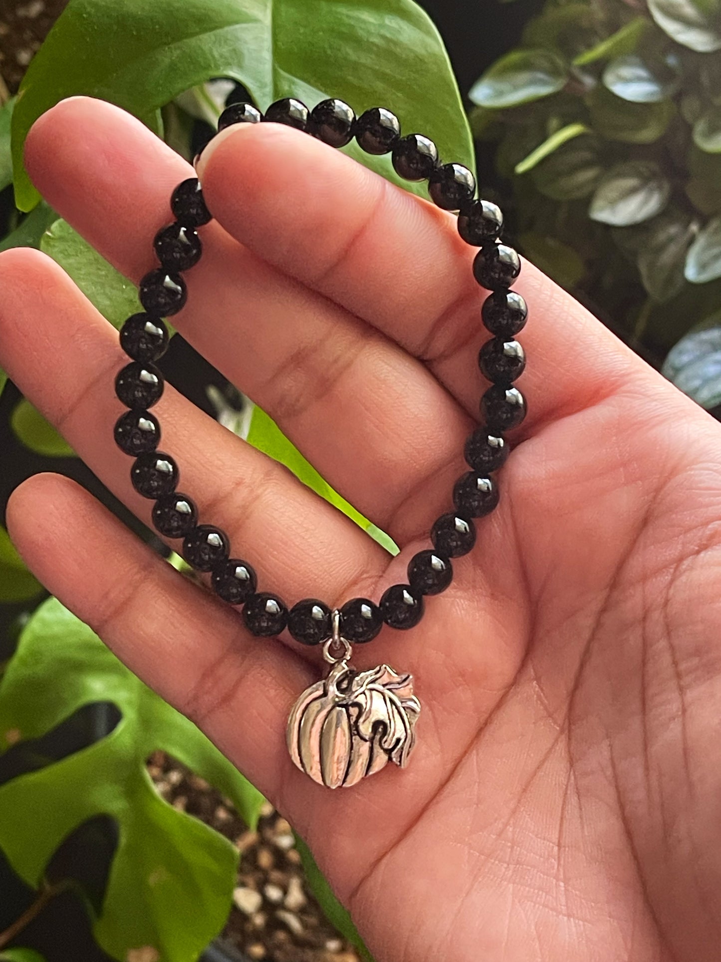 Black Onyx Bracelet with Pumpkin Charm