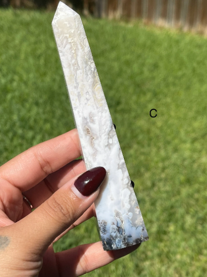 Druzy White Plume Agate with Blue Dendrites Towers