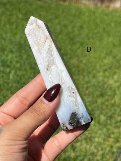 Druzy White Plume Agate with Blue Dendrites Towers