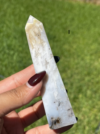 Druzy White Plume Agate with Blue Dendrites Towers