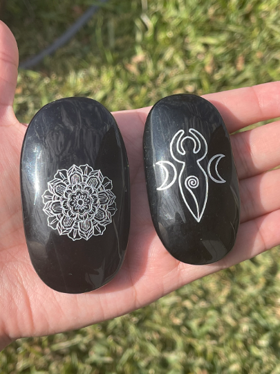Obsidian Palm Stones with Silver Etching