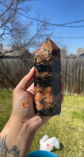 Orange Red Orthoclase with Tourmaline Towers