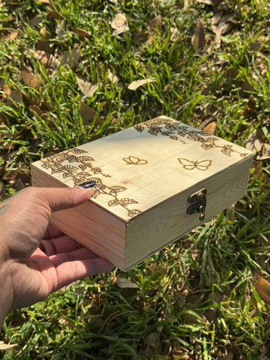 Butterflies & Pothos Hand Made Hand Burned Box