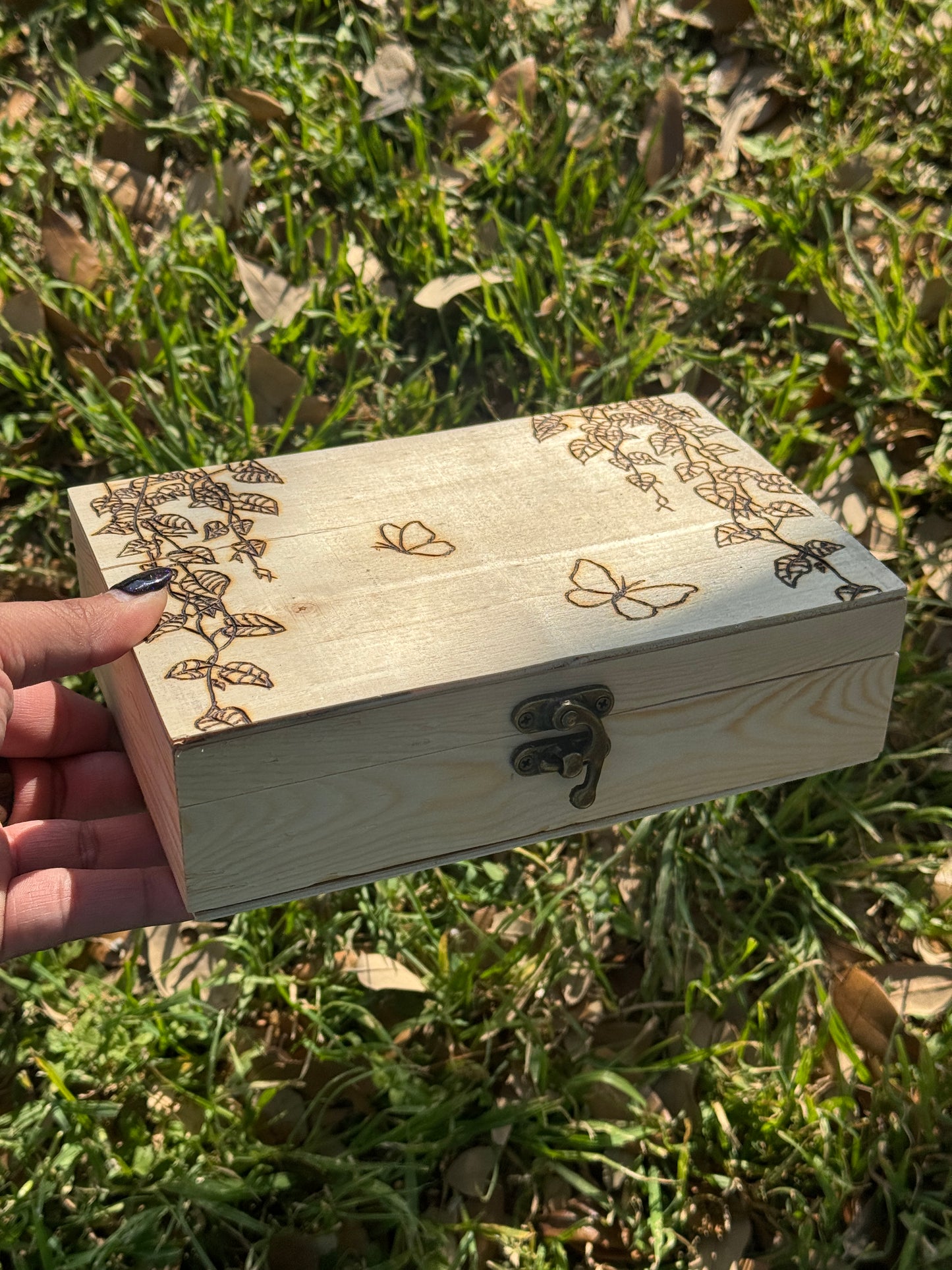 Butterflies & Pothos Hand Made Hand Burned Box
