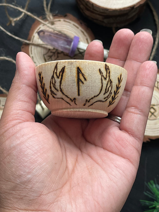 Ansuz with Antlers Hand Burned Mini Wooden Altar Bowl
