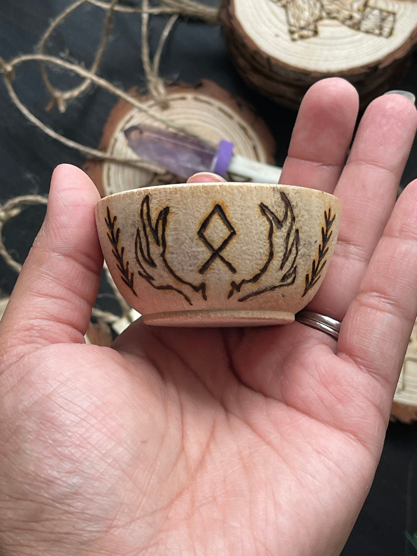 Othala with Antlers Hand Burned Mini Wooden Altar Bowl
