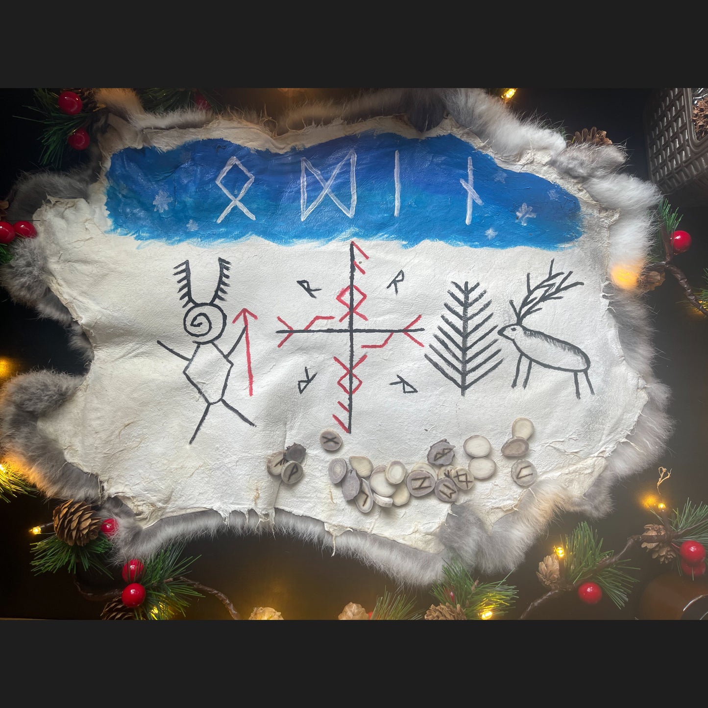 Hand Painted Altar Fur with Antler Slice Rune Set