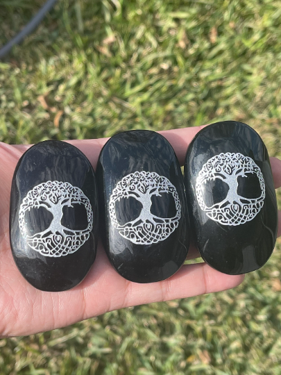 Obsidian Palm Stones with Silver Etching
